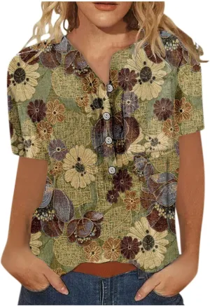 Sexy Tops for Women Summer Floral Pattern Blouse V-Neck Short Sleeve Comfy Oversized Dressy Tshirts Plus Size Blouses