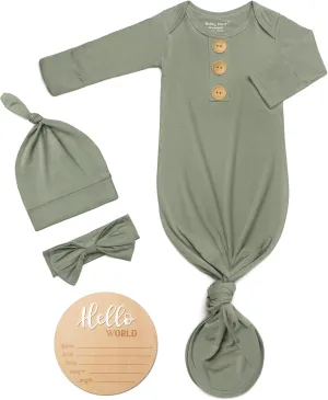 Soft Baby Knot Gown 0-3 Months, Newborn Announcement Sleepers With Mitten Cuffs and Personalized Wooden Name Tag