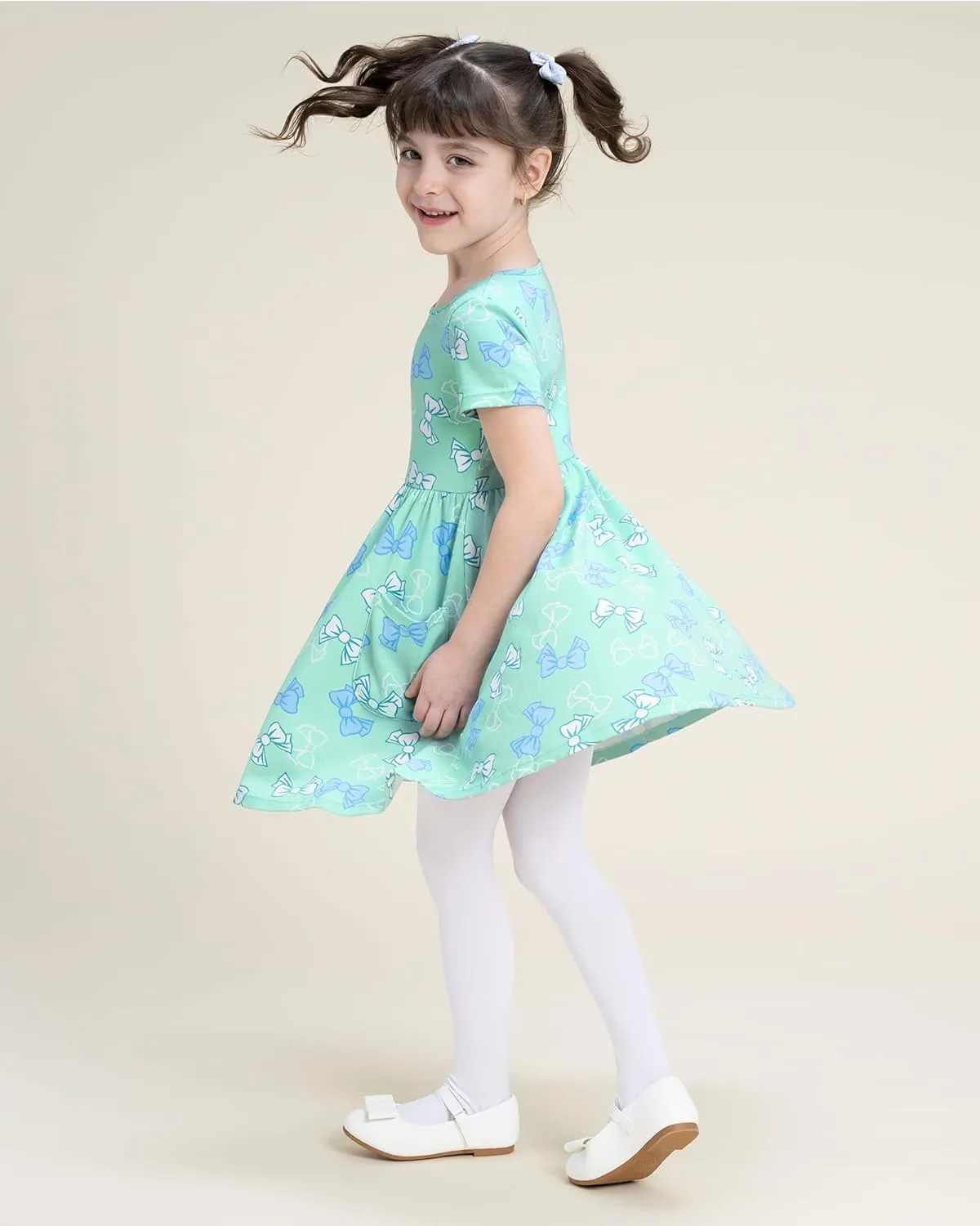 Stelle Girls Dresses Cotton Short Sleeve Dress Cute Midi Casual Sundress with 2 Pockets