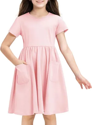 Stelle Girls Dresses Cotton Short Sleeve Dress Cute Midi Casual Sundress with 2 Pockets