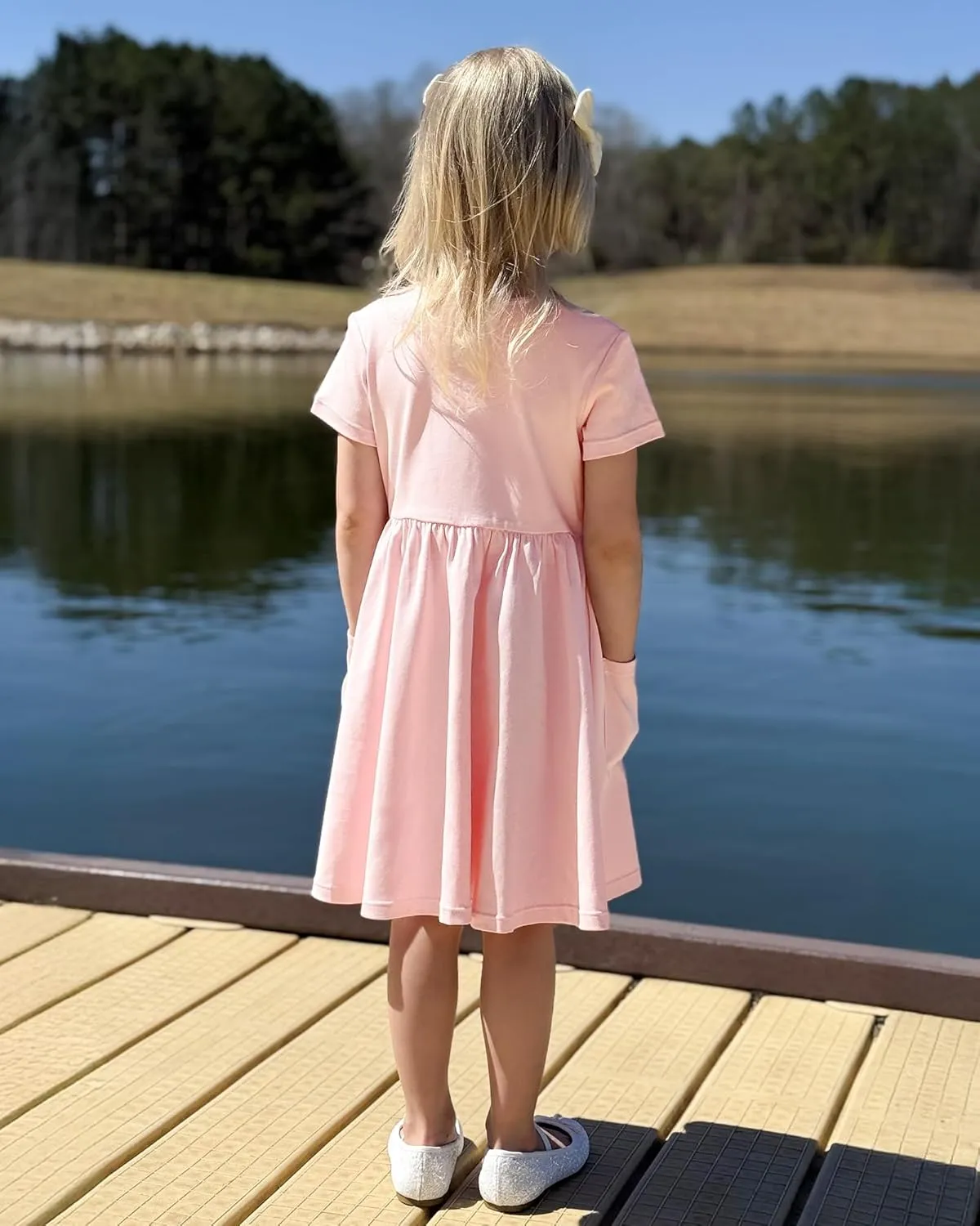 Stelle Girls Dresses Cotton Short Sleeve Dress Cute Midi Casual Sundress with 2 Pockets