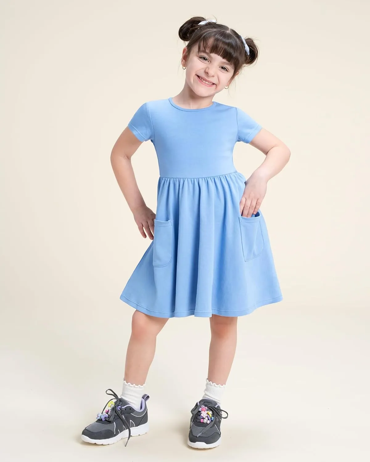 Stelle Girls Dresses Cotton Short Sleeve Dress Cute Midi Casual Sundress with 2 Pockets
