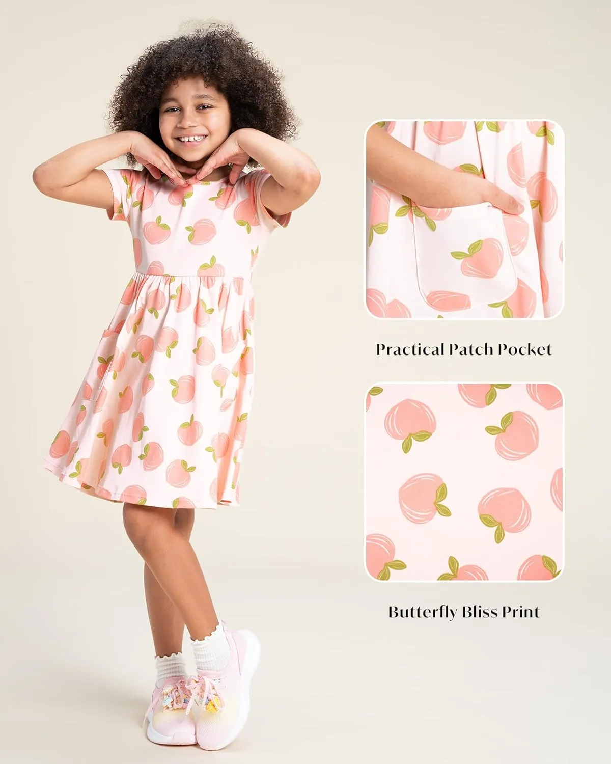 Stelle Girls Dresses Cotton Short Sleeve Dress Cute Midi Casual Sundress with 2 Pockets