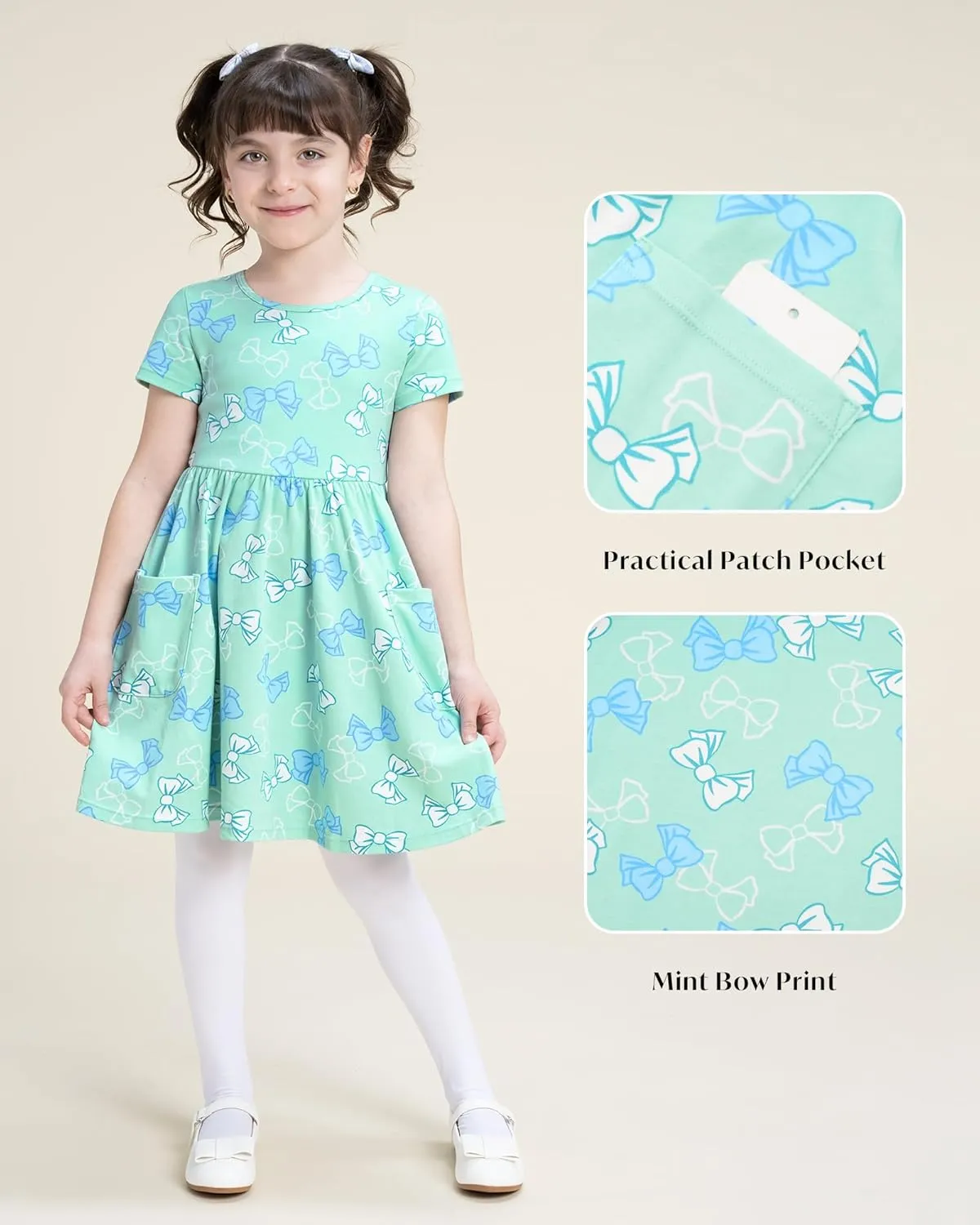 Stelle Girls Dresses Cotton Short Sleeve Dress Cute Midi Casual Sundress with 2 Pockets