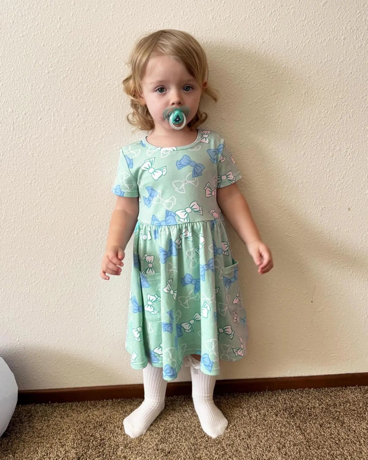 Stelle Girls Dresses Cotton Short Sleeve Dress Cute Midi Casual Sundress with 2 Pockets