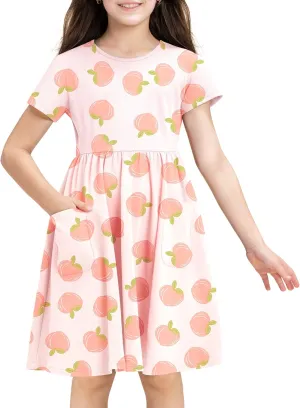 Stelle Girls Dresses Cotton Short Sleeve Dress Cute Midi Casual Sundress with 2 Pockets