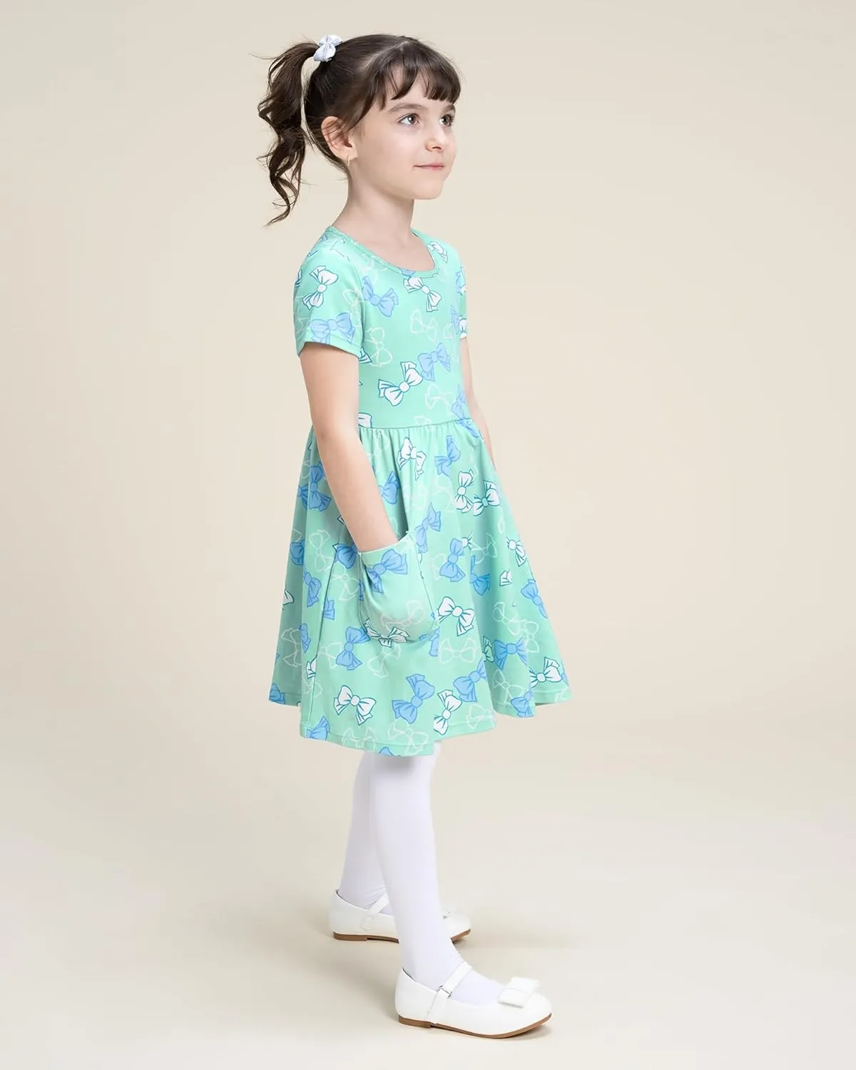 Stelle Girls Dresses Cotton Short Sleeve Dress Cute Midi Casual Sundress with 2 Pockets