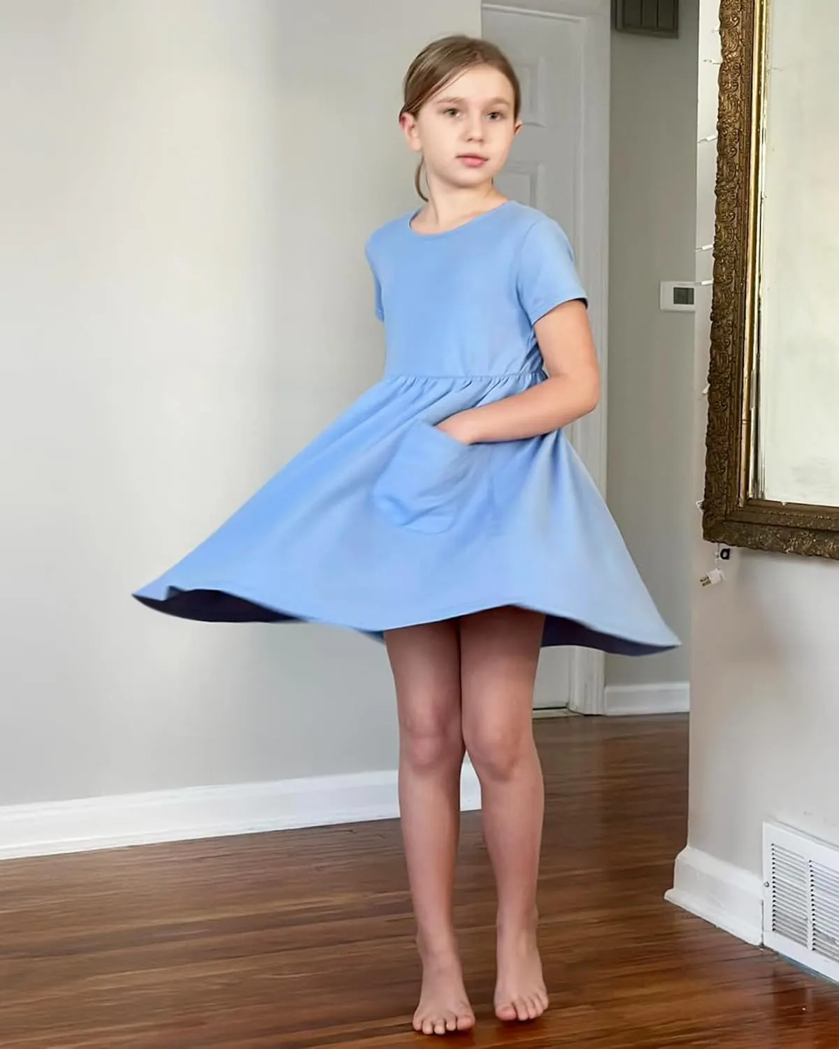 Stelle Girls Dresses Cotton Short Sleeve Dress Cute Midi Casual Sundress with 2 Pockets