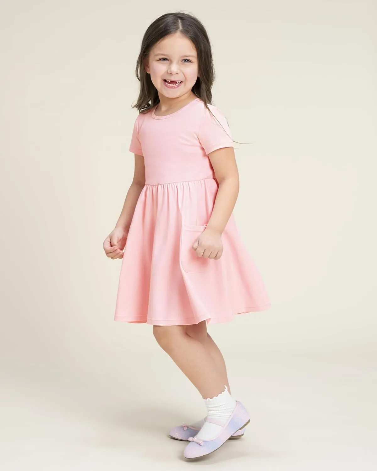 Stelle Girls Dresses Cotton Short Sleeve Dress Cute Midi Casual Sundress with 2 Pockets