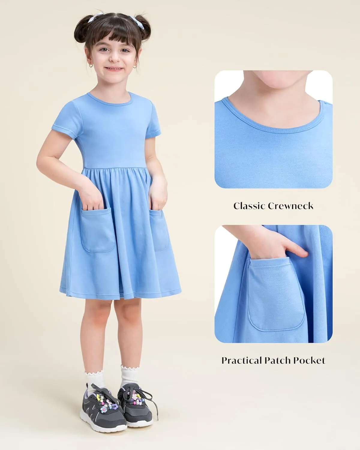 Stelle Girls Dresses Cotton Short Sleeve Dress Cute Midi Casual Sundress with 2 Pockets