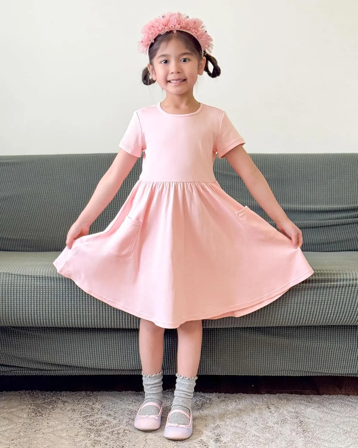 Stelle Girls Dresses Cotton Short Sleeve Dress Cute Midi Casual Sundress with 2 Pockets