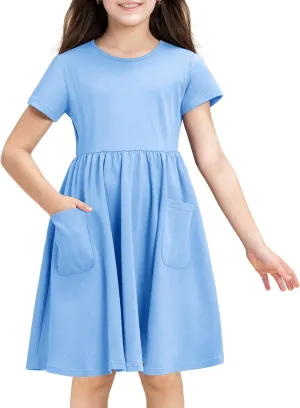 Stelle Girls Dresses Cotton Short Sleeve Dress Cute Midi Casual Sundress with 2 Pockets
