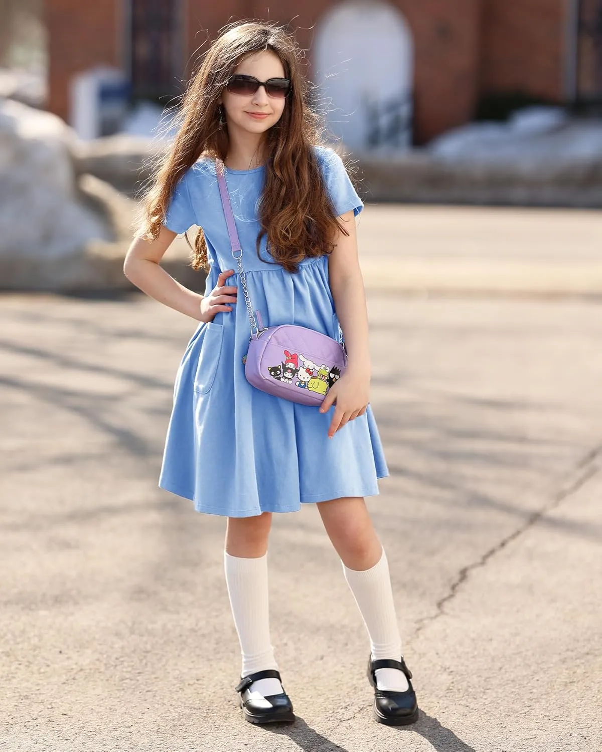 Stelle Girls Dresses Cotton Short Sleeve Dress Cute Midi Casual Sundress with 2 Pockets