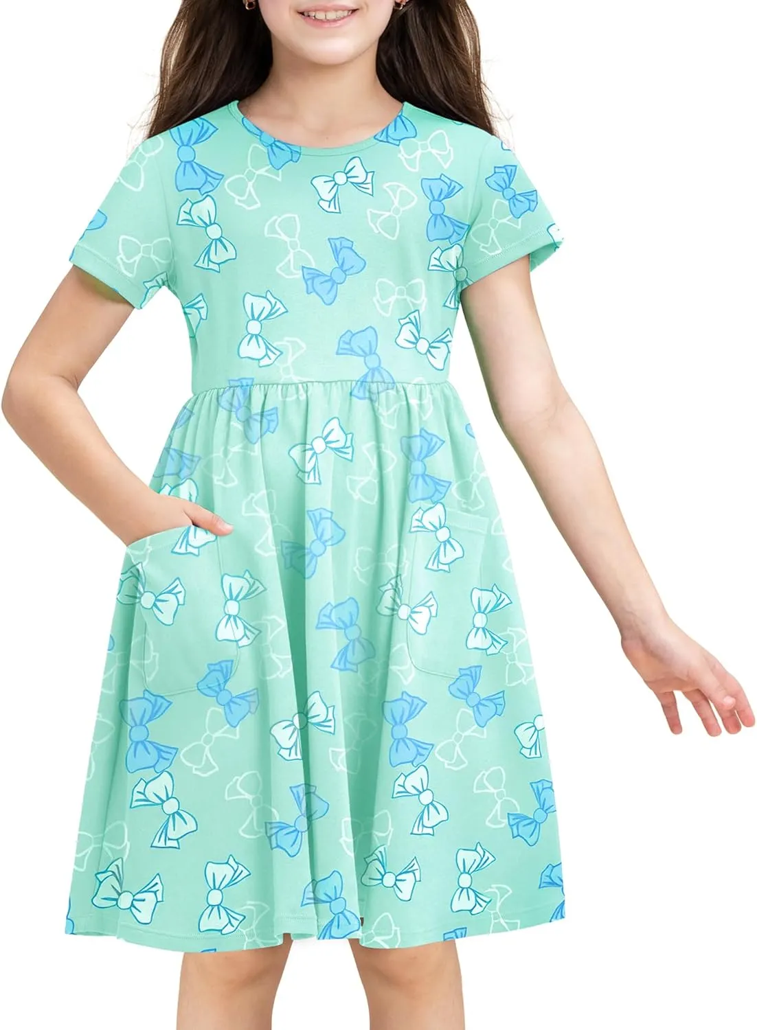 Stelle Girls Dresses Cotton Short Sleeve Dress Cute Midi Casual Sundress with 2 Pockets