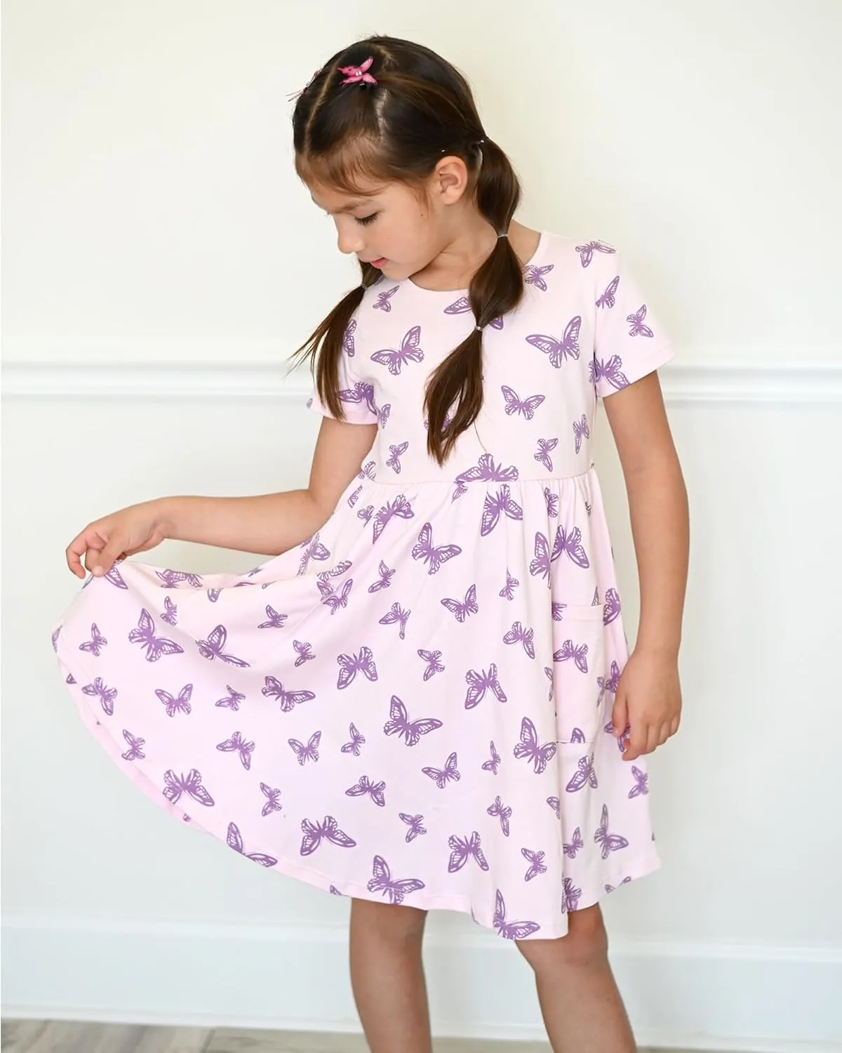 Stelle Girls Dresses Cotton Short Sleeve Dress Cute Midi Casual Sundress with 2 Pockets