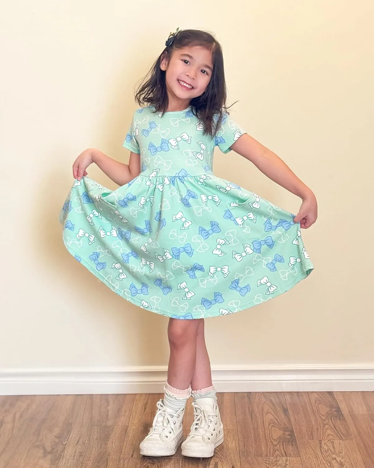 Stelle Girls Dresses Cotton Short Sleeve Dress Cute Midi Casual Sundress with 2 Pockets