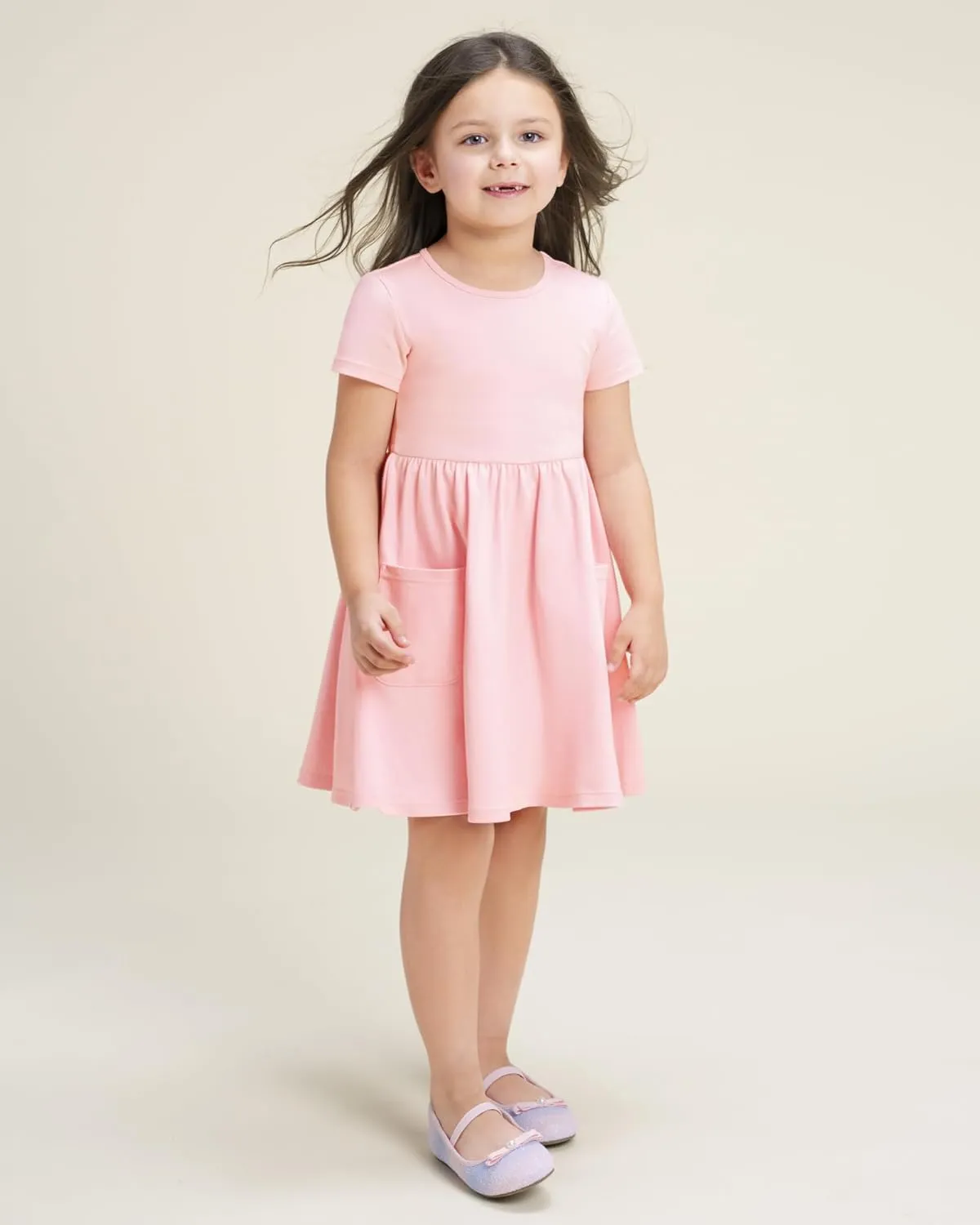 Stelle Girls Dresses Cotton Short Sleeve Dress Cute Midi Casual Sundress with 2 Pockets