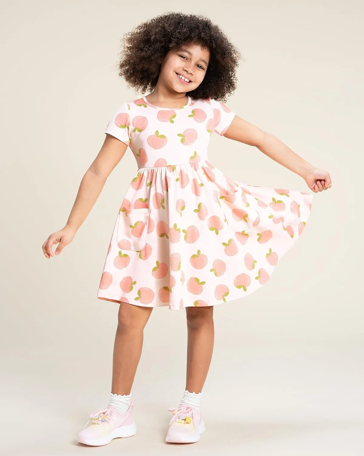 Stelle Girls Dresses Cotton Short Sleeve Dress Cute Midi Casual Sundress with 2 Pockets