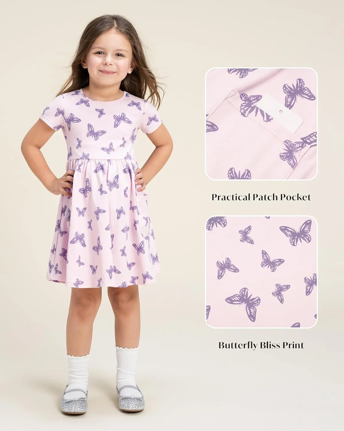Stelle Girls Dresses Cotton Short Sleeve Dress Cute Midi Casual Sundress with 2 Pockets
