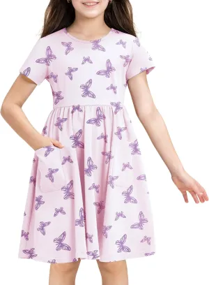 Stelle Girls Dresses Cotton Short Sleeve Dress Cute Midi Casual Sundress with 2 Pockets