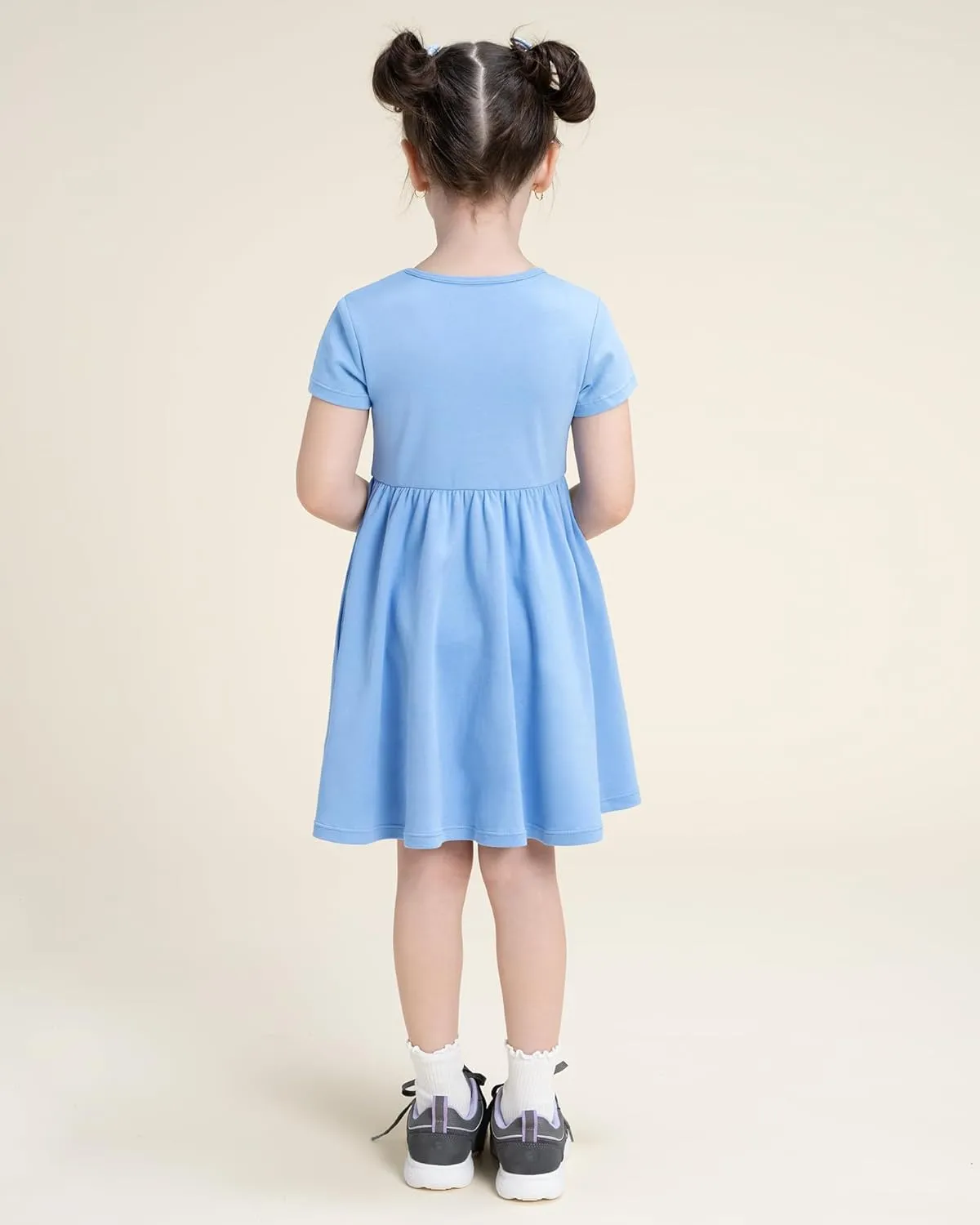 Stelle Girls Dresses Cotton Short Sleeve Dress Cute Midi Casual Sundress with 2 Pockets