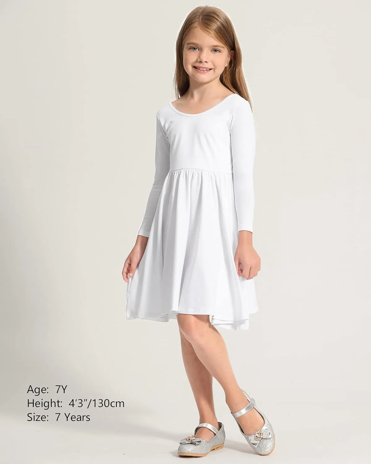 Stelle Long Sleeve Girls Dress Toddler White Dresses Skater Twirl Cotton A-Line Dress for School Casual