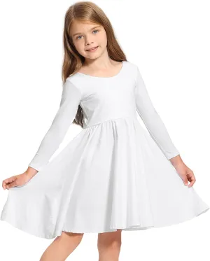 Stelle Long Sleeve Girls Dress Toddler White Dresses Skater Twirl Cotton A-Line Dress for School Casual
