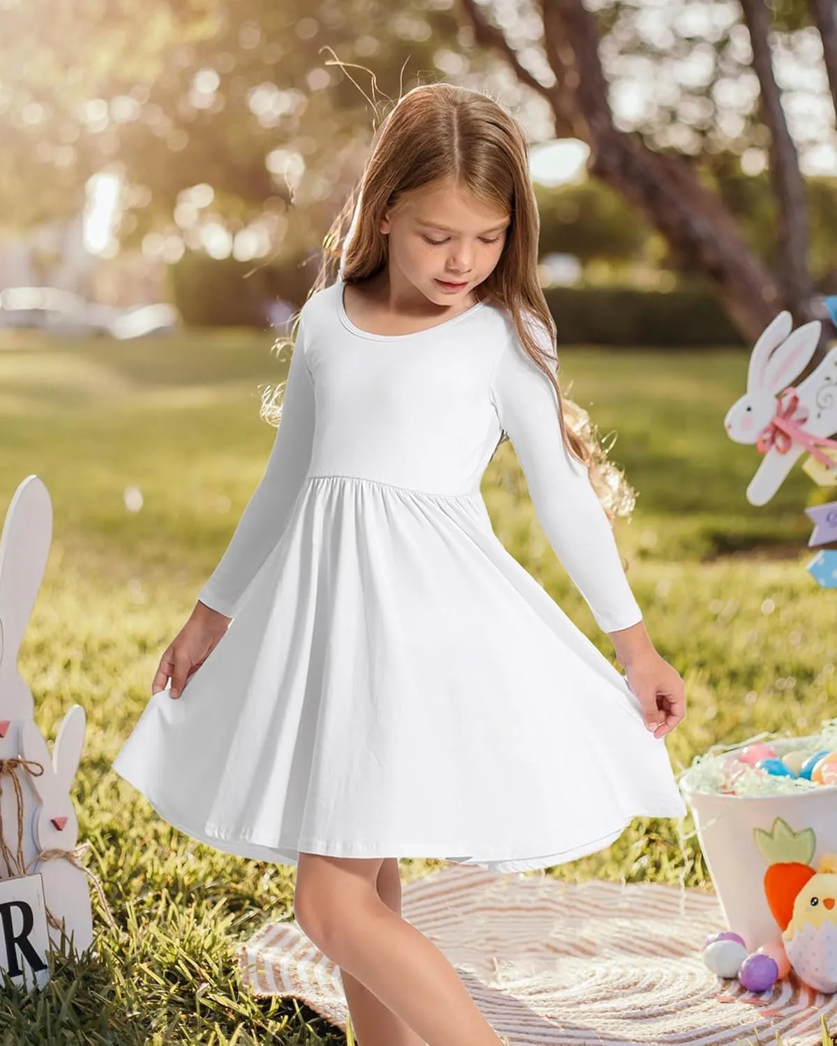 Stelle Long Sleeve Girls Dress Toddler White Dresses Skater Twirl Cotton A-Line Dress for School Casual