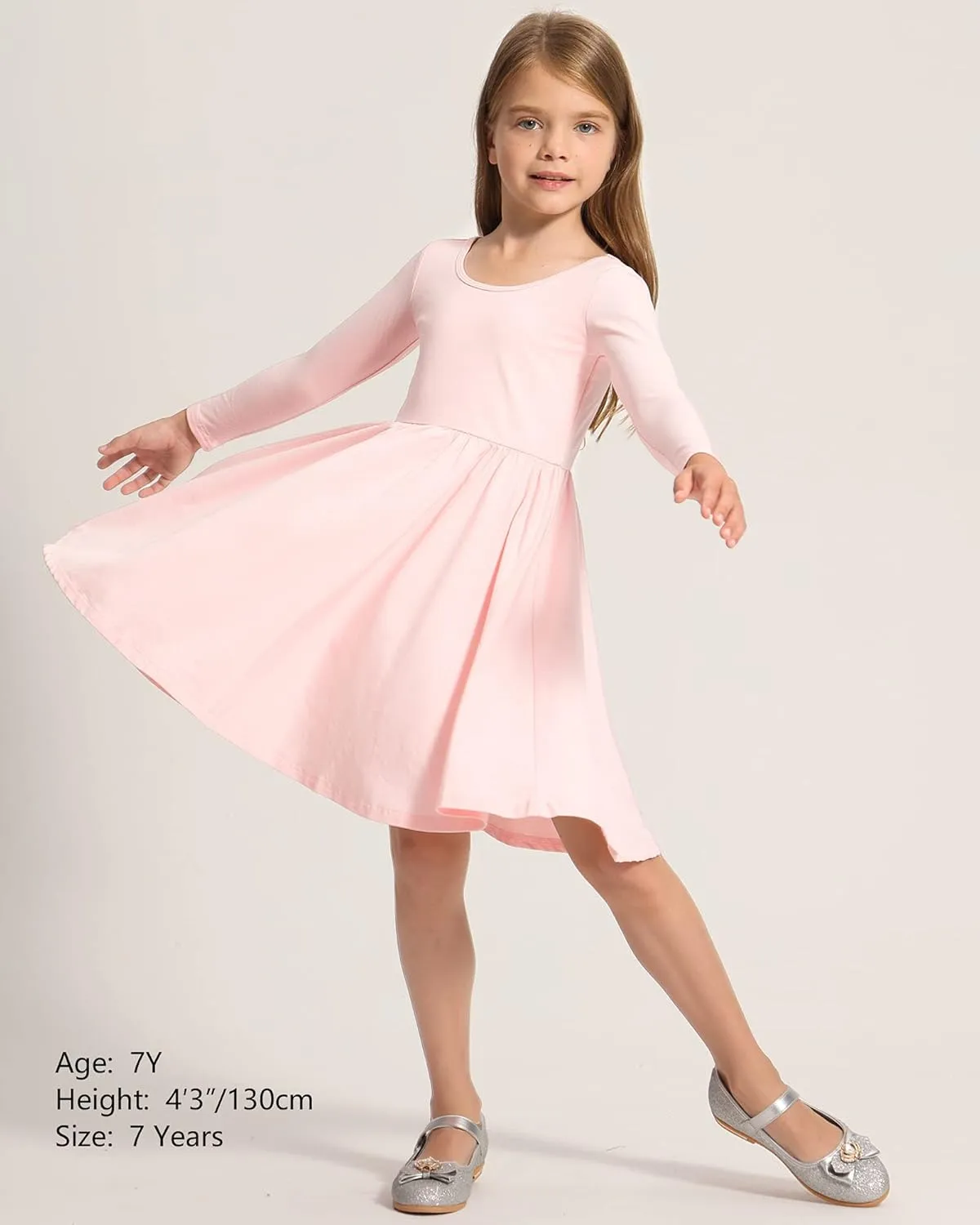Stelle Long Sleeve Girls Dress Toddler White Dresses Skater Twirl Cotton A-Line Dress for School Casual