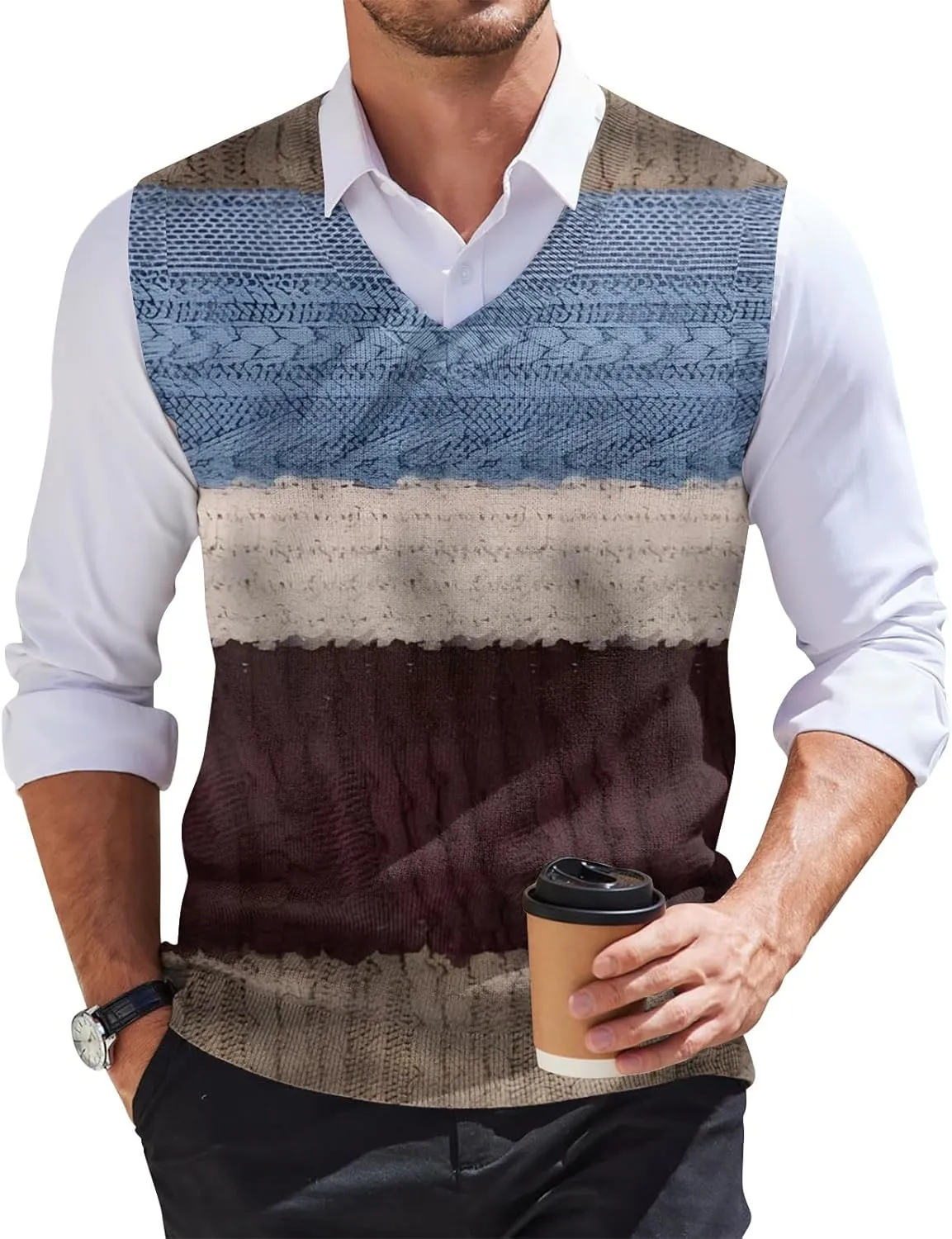 Sweater Vest Men's Sleeveless Vest Lightweight V-Neck Slim Fit Cable Knit Vest Pullover
