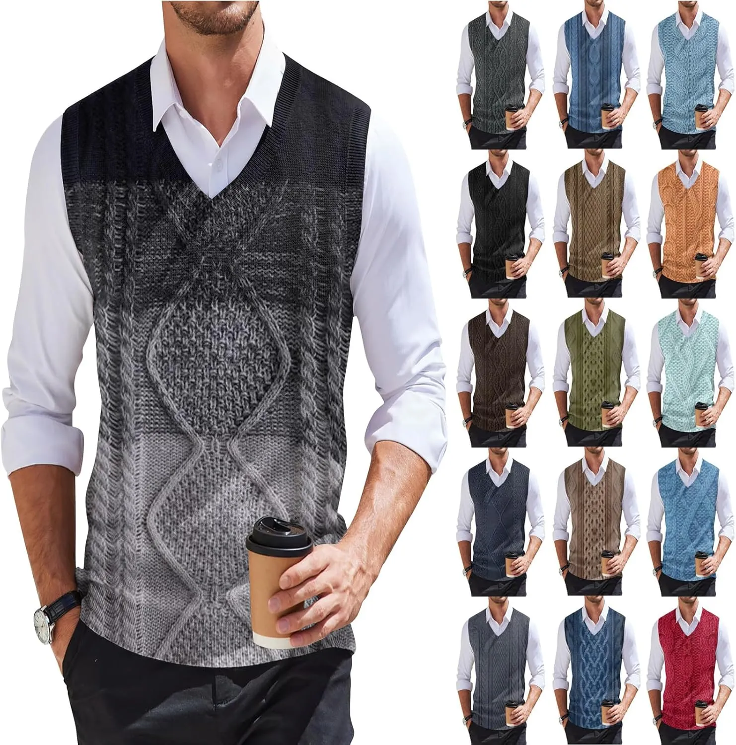 Sweater Vest Men's Sleeveless Vest Lightweight V-Neck Slim Fit Cable Knit Vest Pullover