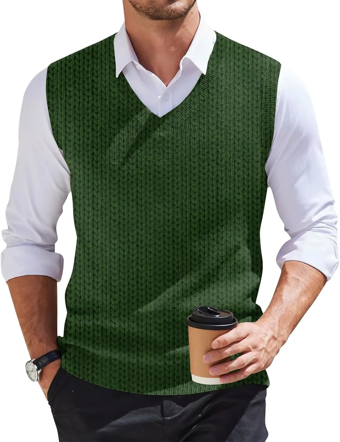 Sweater Vest Men's Sleeveless Vest Lightweight V-Neck Slim Fit Cable Knit Vest Pullover