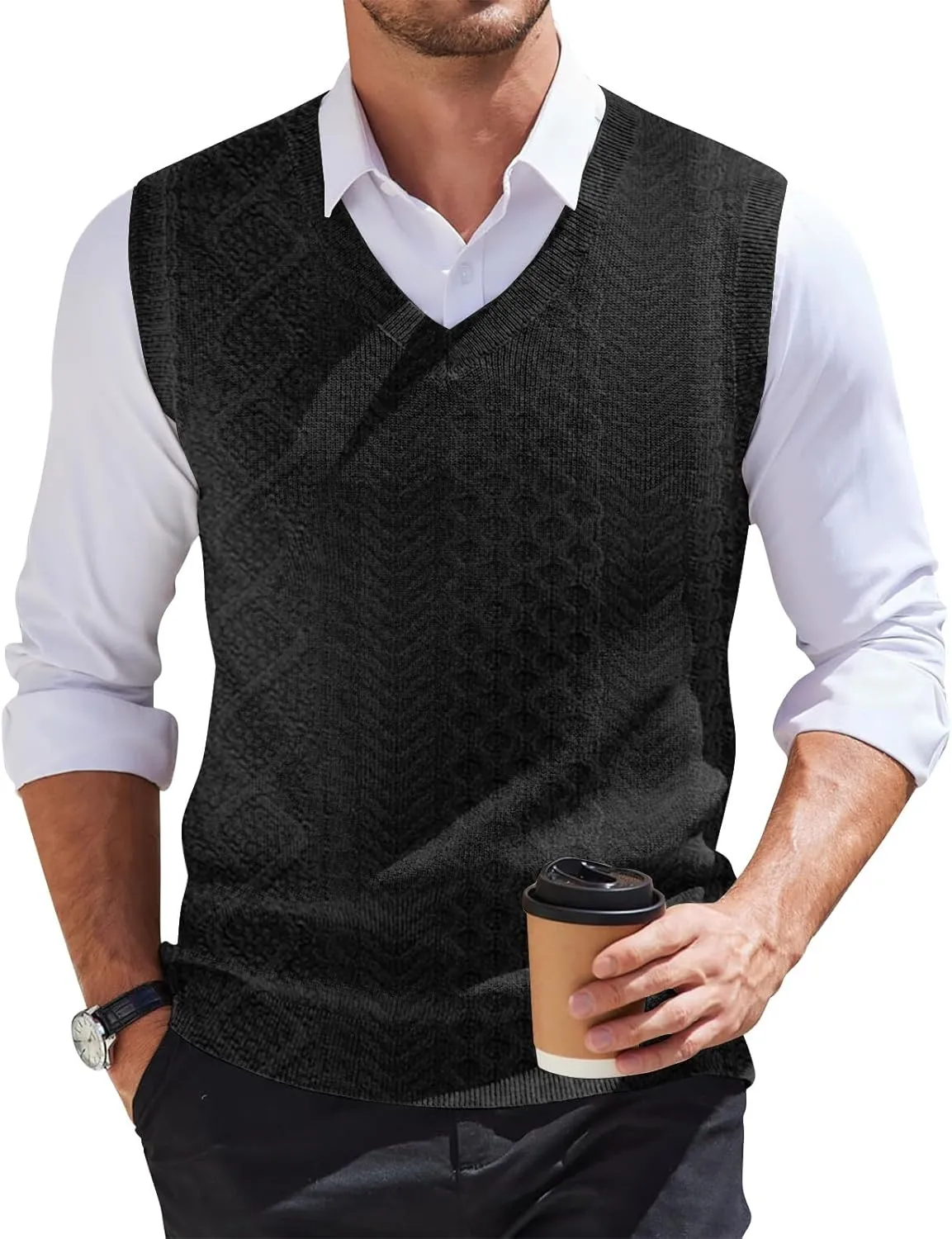 Sweater Vest Men's Sleeveless Vest Lightweight V-Neck Slim Fit Cable Knit Vest Pullover