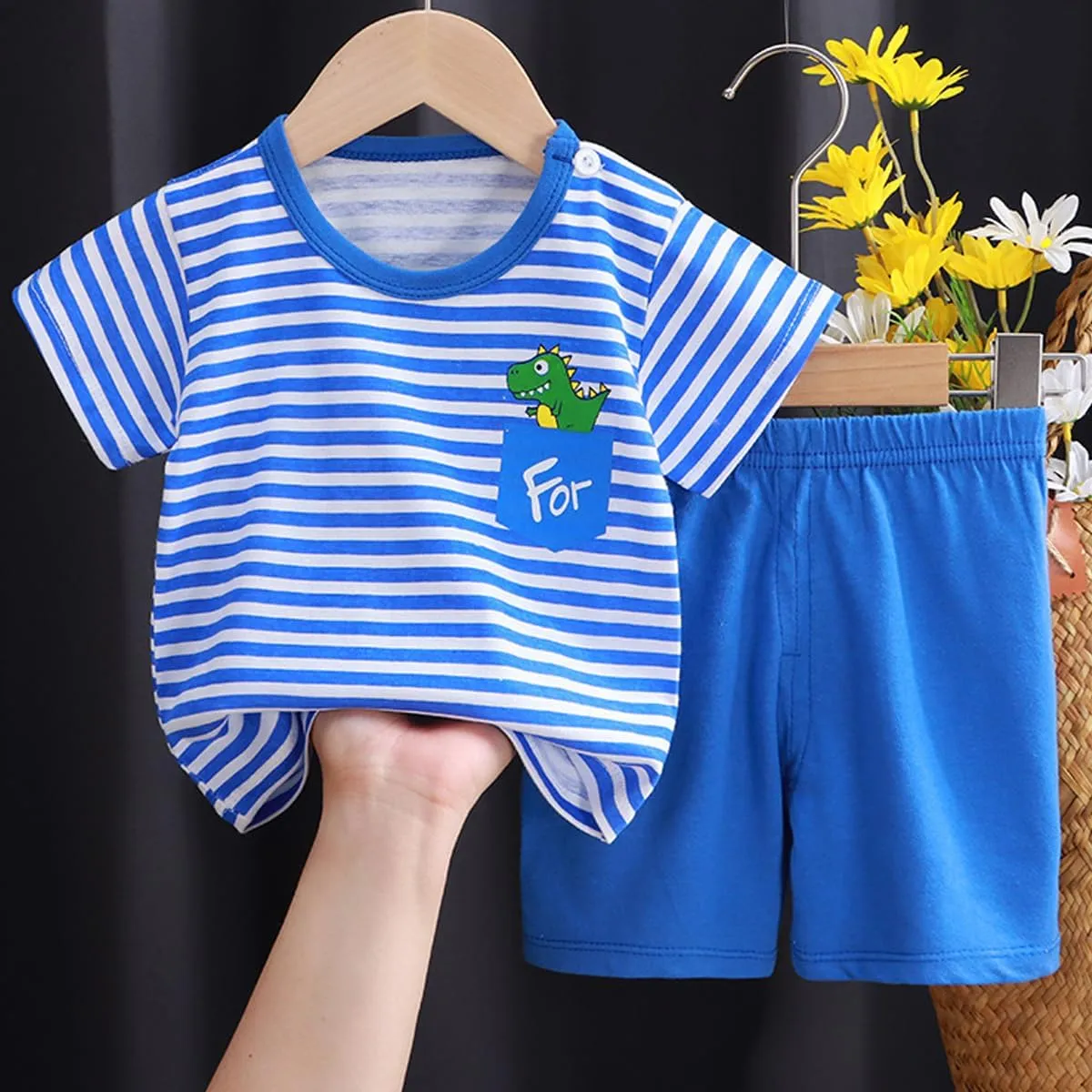 Toddler Boys 4 Pieces T-shirts and Shorts Summer Outfit Striped Shirt Short Set