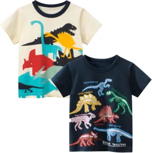 Toddler Little Boys T Shirts 2 Pack Short Sleeve Crewneck Top Tee Dinosaur Car Shark Shirts for 2-7 Years
