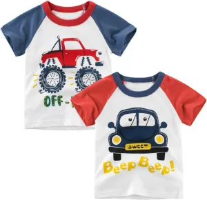 Toddler Little Boys T Shirts 2 Pack Short Sleeve Crewneck Top Tee Dinosaur Car Shark Shirts for 2-7 Years