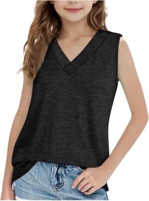 V-Neck Cotton Tank Top for Girls Sleeveless T-Shirt Loose Tunic Blouse Tween Solid Tank Top Athletic Tees Summer T-Shirt