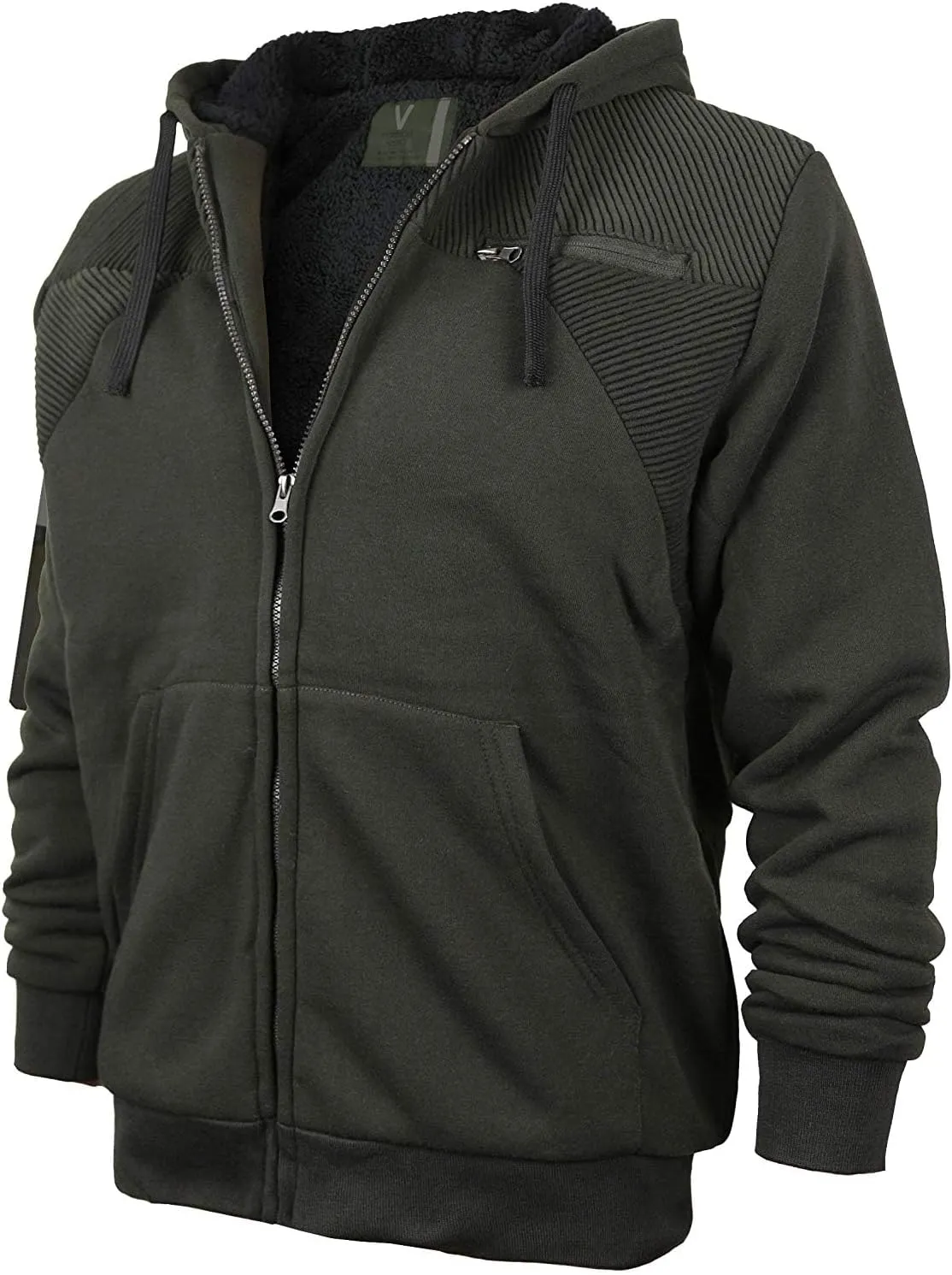 vkwear Men's Quilted Moto Sherpa Fleece Lined Zip Up Hoodie Jacket
