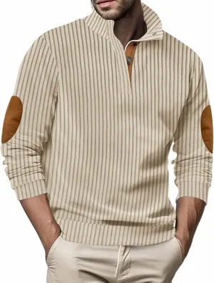 WENKOMG1 Corduroy Shirt for Men Long Sleeve Patchwork Sweatshirt Lightweight Stand Collar Button Down V Neck Sweater