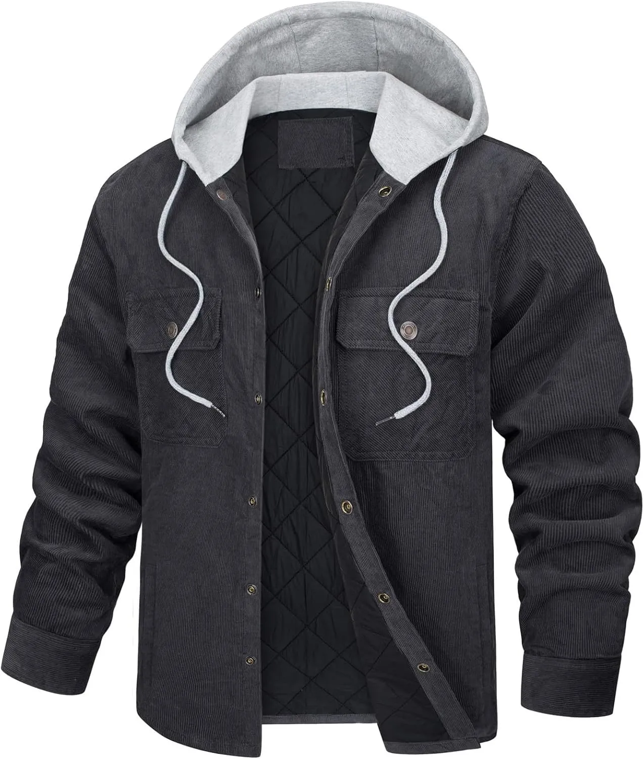 WENKOMG1 Mens Corduroy Coat Winter Fall Quilted Lined Shirt Jacket Long Sleeve Snap Button Down Hooded Outerwear Jacket