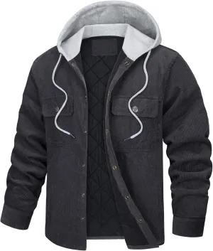 WENKOMG1 Mens Corduroy Coat Winter Fall Quilted Lined Shirt Jacket Long Sleeve Snap Button Down Hooded Outerwear Jacket