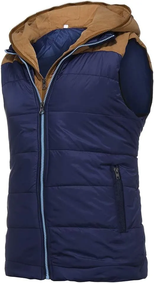 WENKOMG1 Mens Quilted Vest,Zip Up Hooded Waistcoat Warm Cozy Puffer Vest Solid Comfy Sleeveless Outerwear