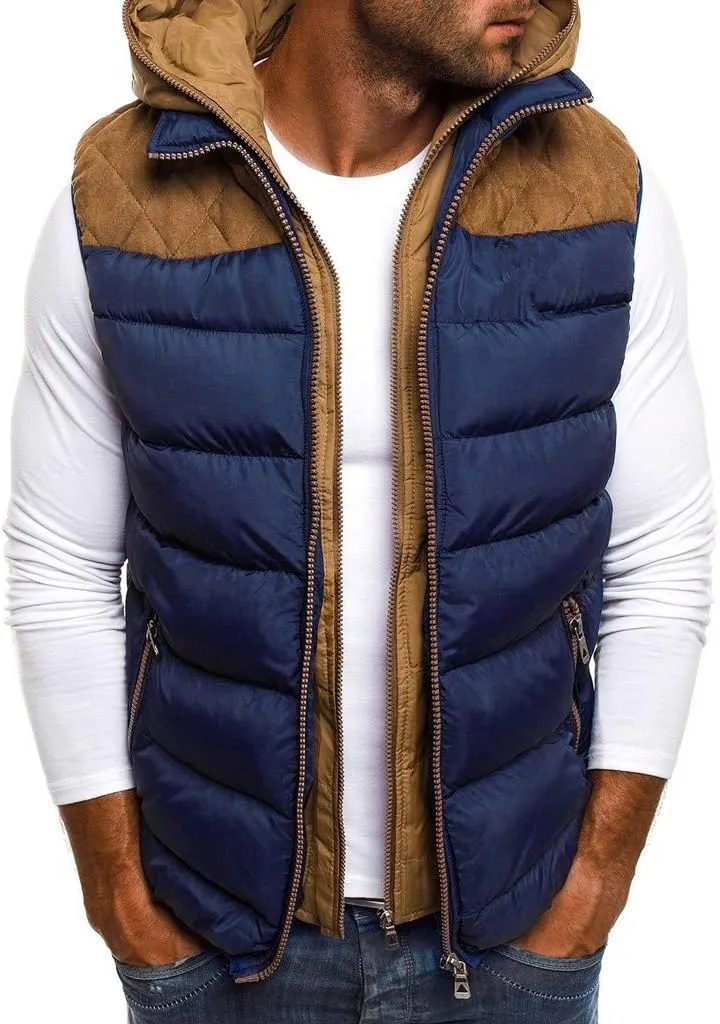 WENKOMG1 Mens Quilted Vest,Zip Up Hooded Waistcoat Warm Cozy Puffer Vest Solid Comfy Sleeveless Outerwear