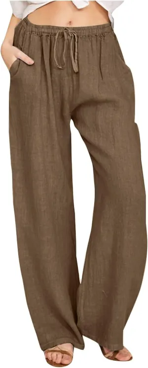 Wide Leg Pants for Women Cotton Linen Drawstring Long Trousers Elastic Waist Solid Color Baggy Pants Leisure