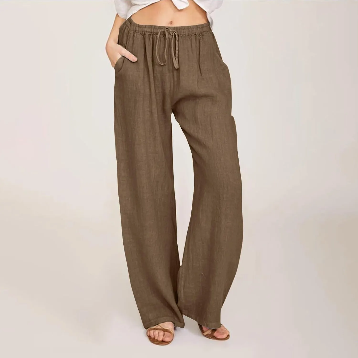 Wide Leg Pants for Women Cotton Linen Drawstring Long Trousers Elastic Waist Solid Color Baggy Pants Leisure