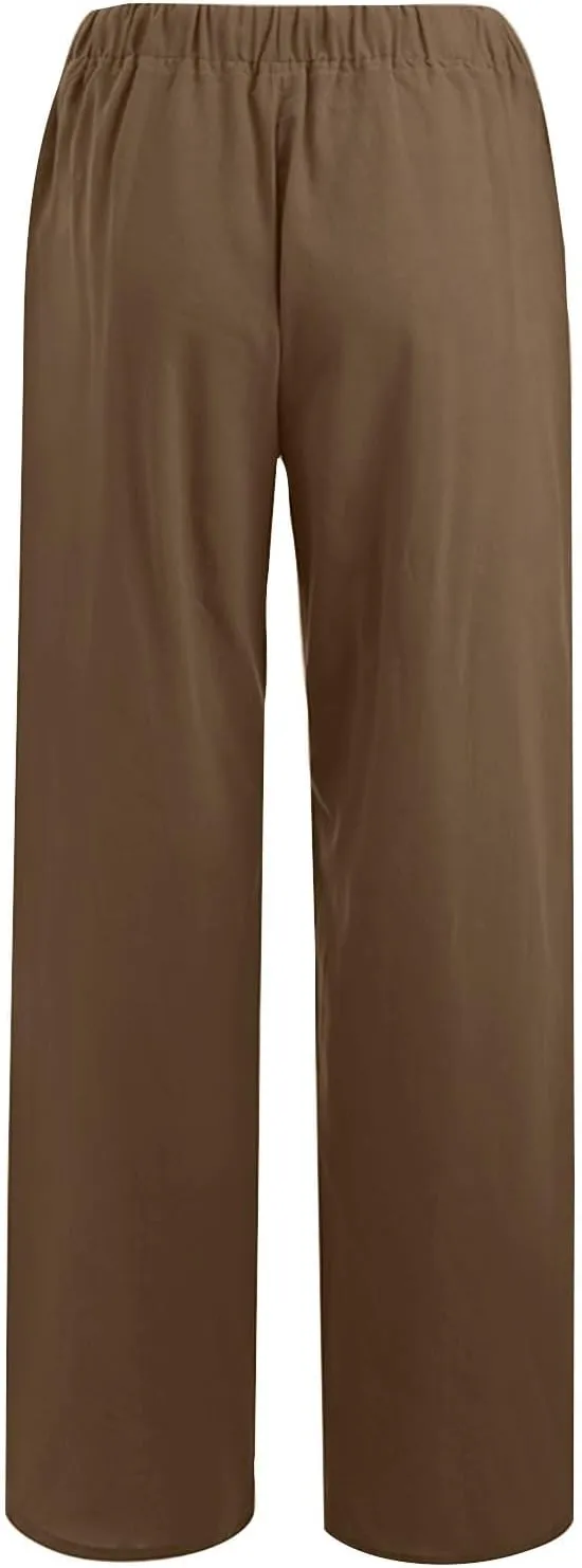Wide Leg Pants for Women Cotton Linen Drawstring Long Trousers Elastic Waist Solid Color Baggy Pants Leisure