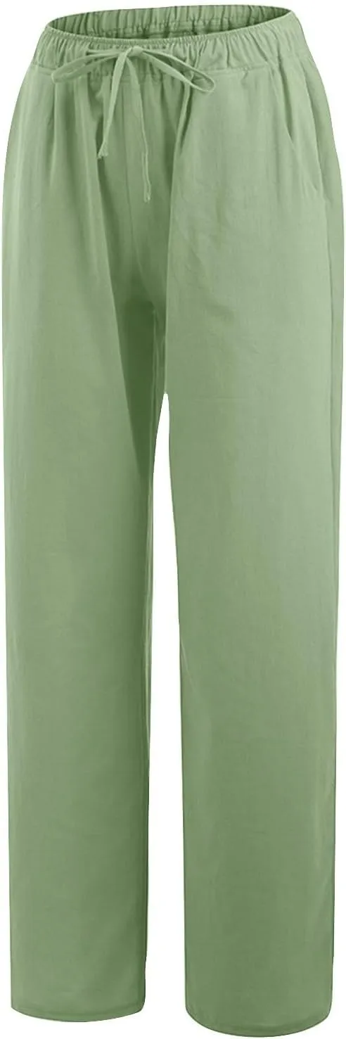 Wide Leg Pants for Women Cotton Linen Drawstring Long Trousers Elastic Waist Solid Color Baggy Pants Leisure