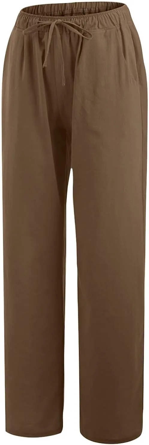 Wide Leg Pants for Women Cotton Linen Drawstring Long Trousers Elastic Waist Solid Color Baggy Pants Leisure