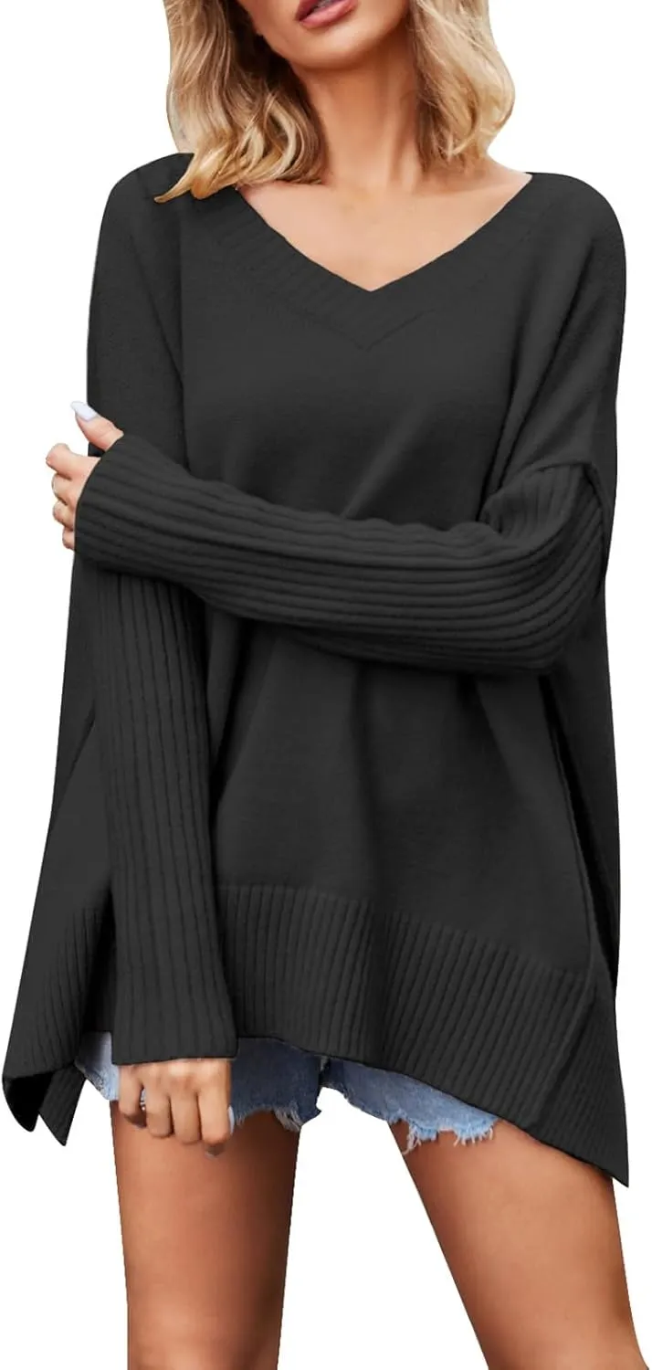 Women Casual Solid Color Loose V Neck Long Sleeve Slit Pullover Sweater Plus Size Pullover for Men