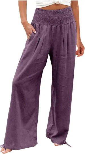 Women Cotton Linen Palazzo Pants Summer Boho Wide Leg High Waist Casual Loose Comfy Pants Trousers with Pocket